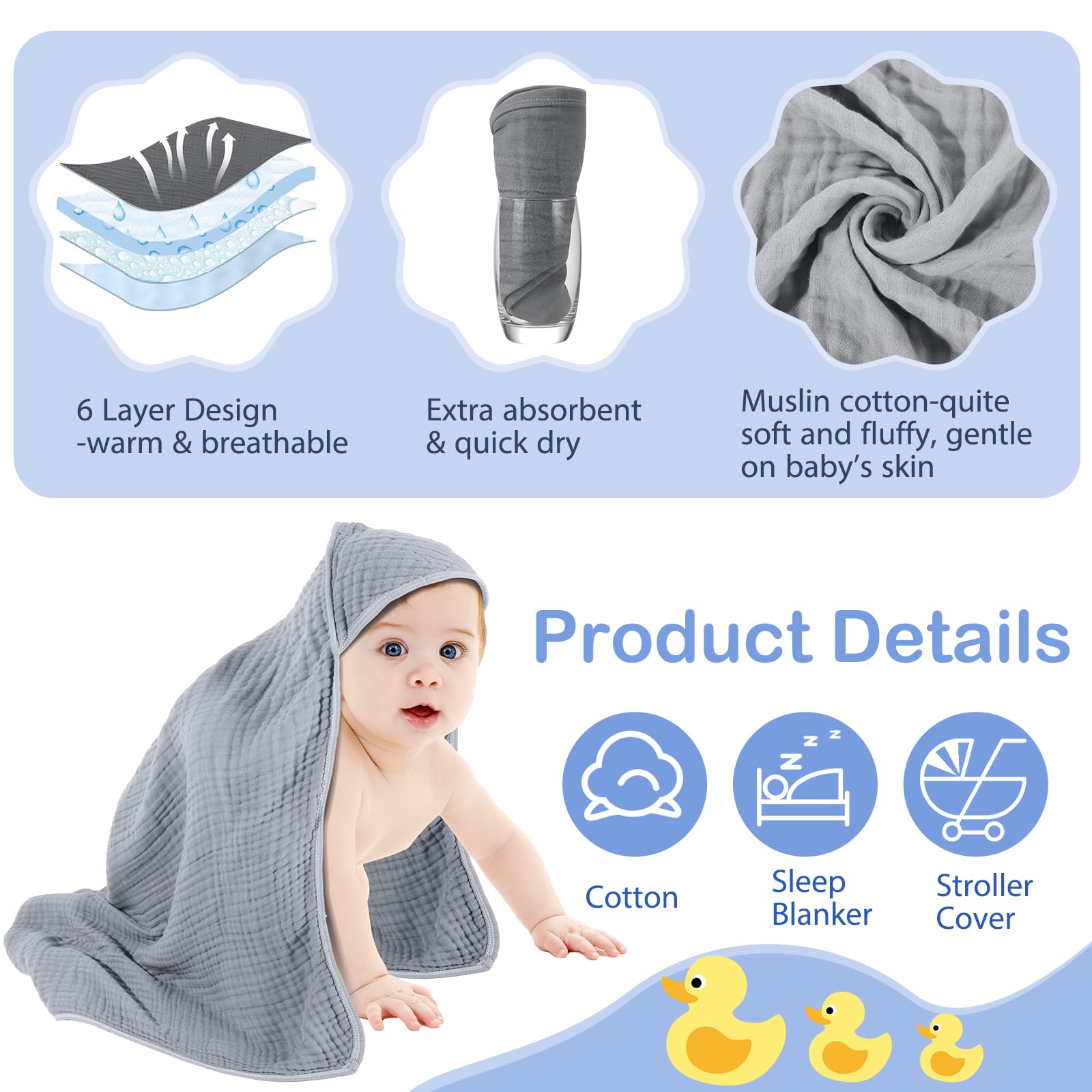 Peryiter muslin 6-layer absorbent towel dries gently while keeping baby comfortable.