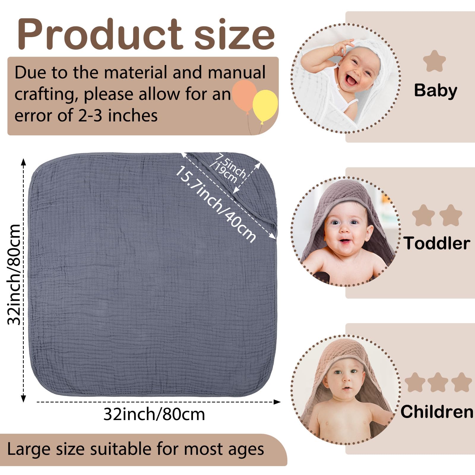 Peryiter muslin hooded baby towel coffee 32x32, quick-drying after bath.