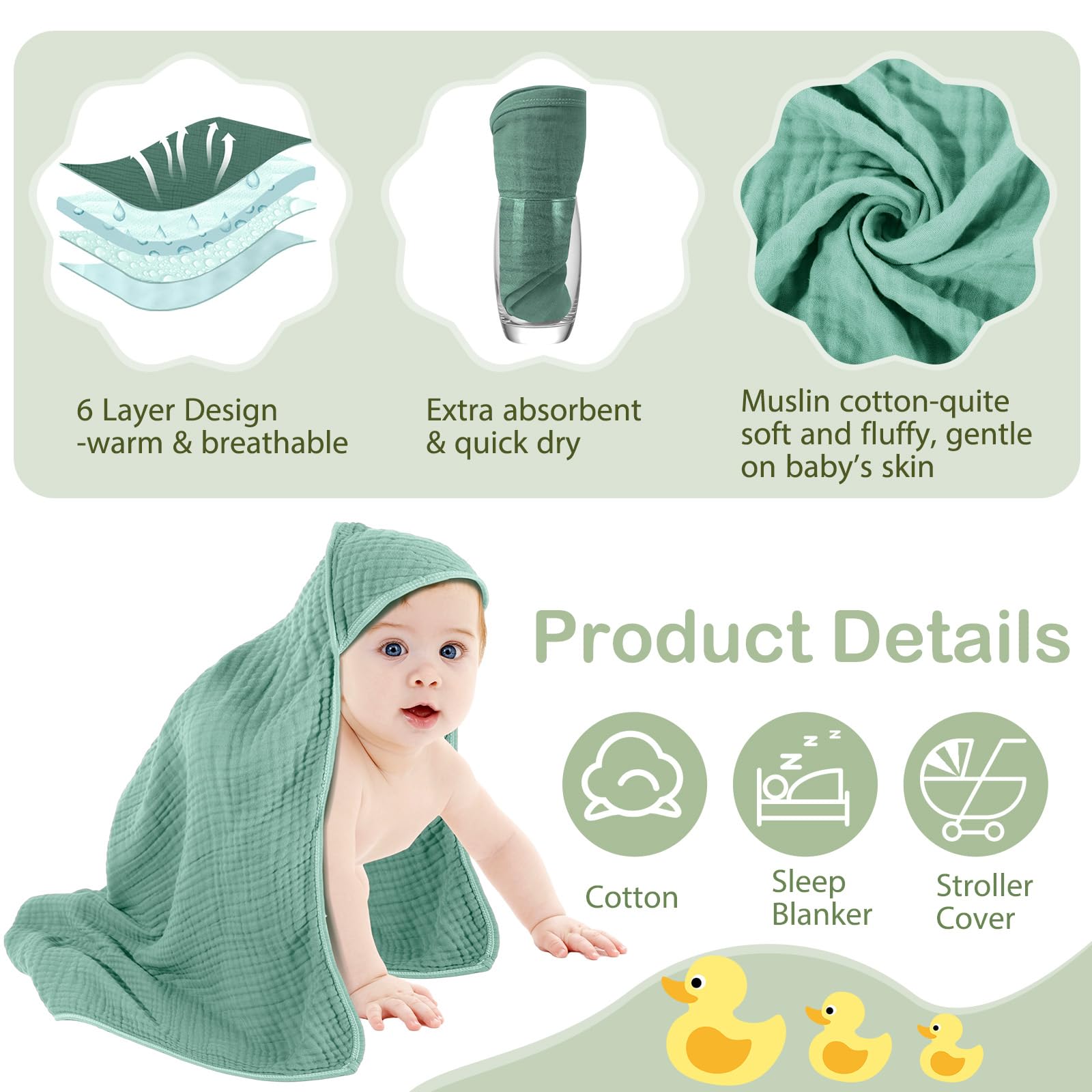 Peryiter gray hooded towel close-up displays six-layer muslin construction