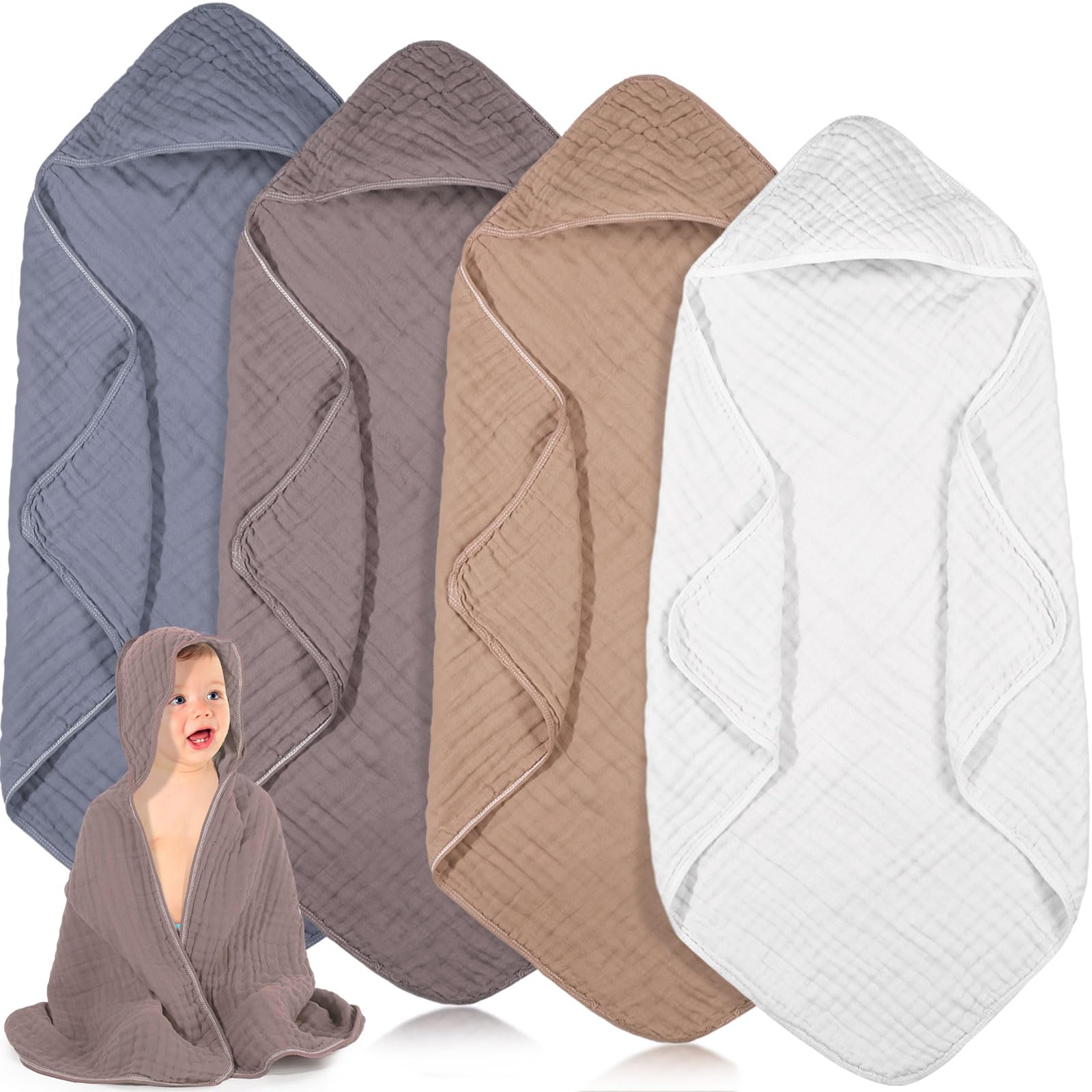 Peryiter muslin hooded baby towel white 32x32, soft and absorbent for bath time.