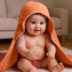 Peryiter baby towel 32x32 inch size demonstrated for wrapping head-to-toe comfort.