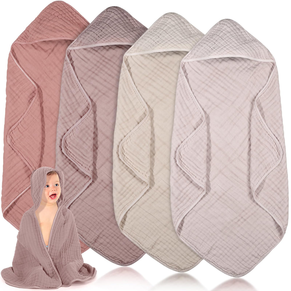 Peryiter muslin hooded baby towels four-pack in beige tones, soft and highly absorbent after baths