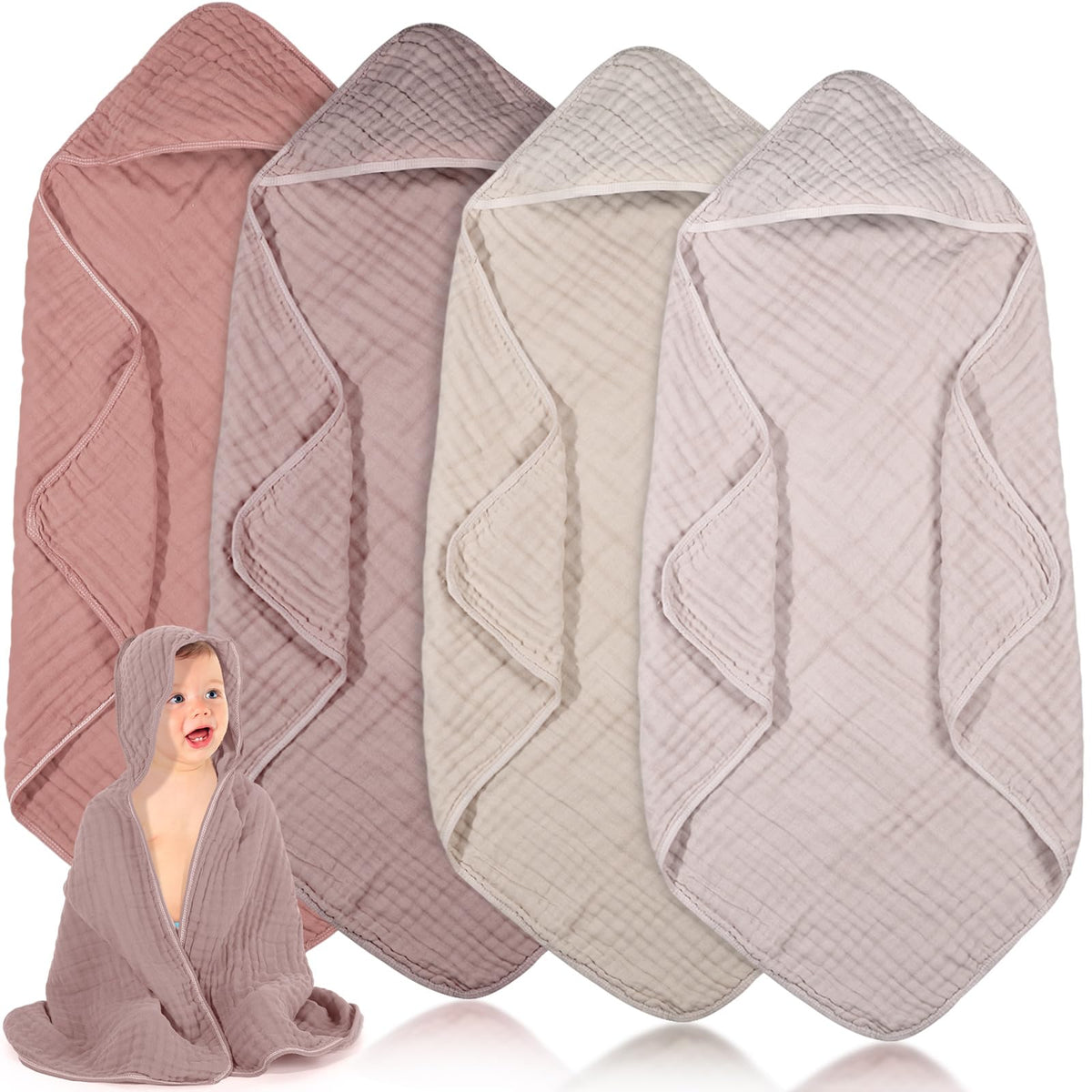 Peryiter muslin hooded baby towels four-pack in beige tones, soft and highly absorbent after baths