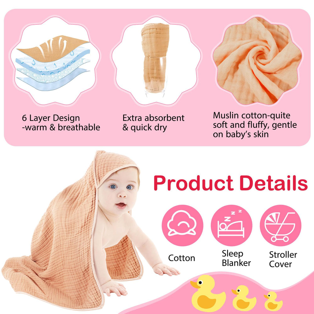 Peryiter muslin hooded baby towels six-pack spread flat, showing color variety and cozy warmth