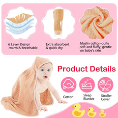 Peryiter muslin hooded baby towels six-pack spread flat, showing color variety and cozy warmth