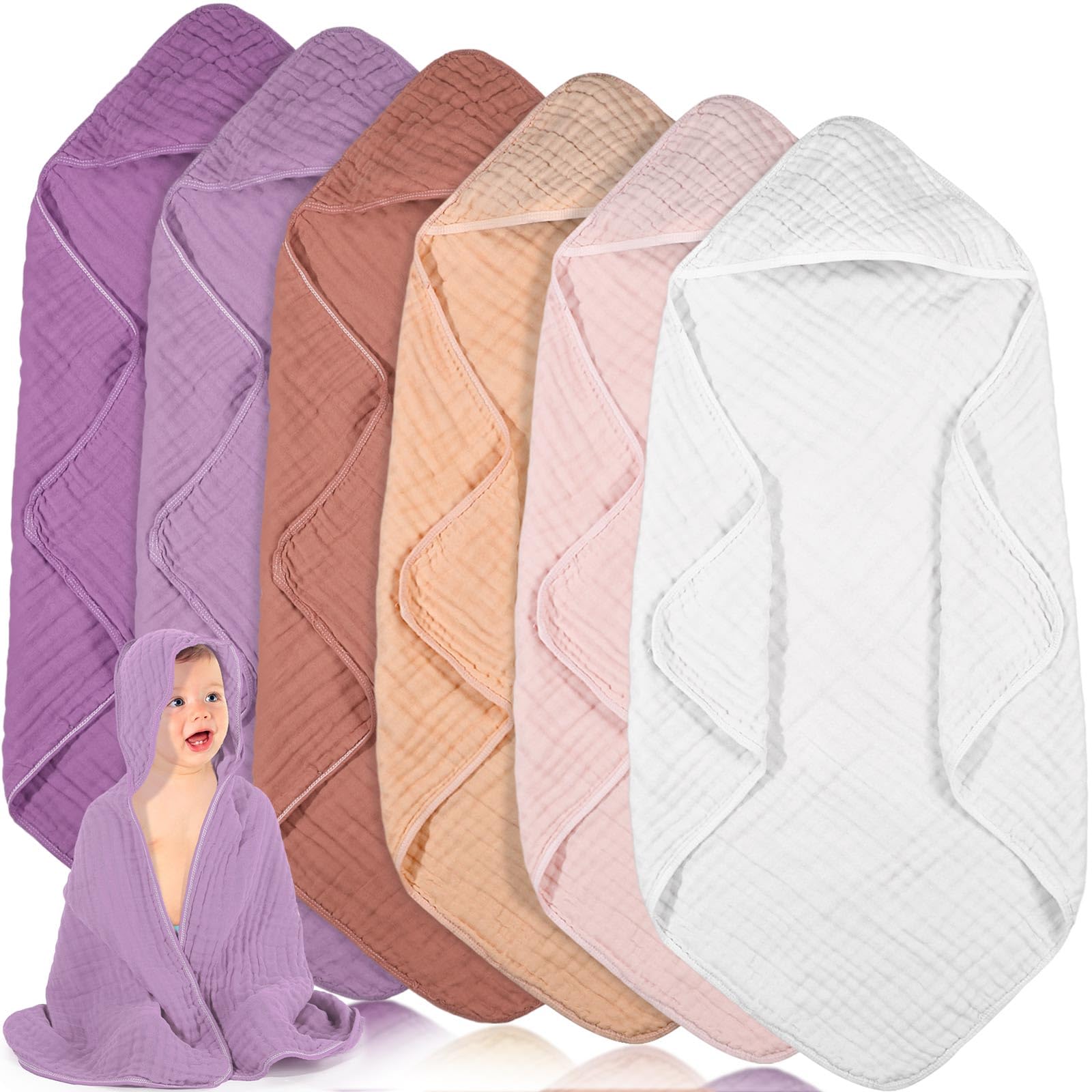 Peryiter six-pack muslin hooded baby towels folded, showcasing soft, absorbent newborn bath time