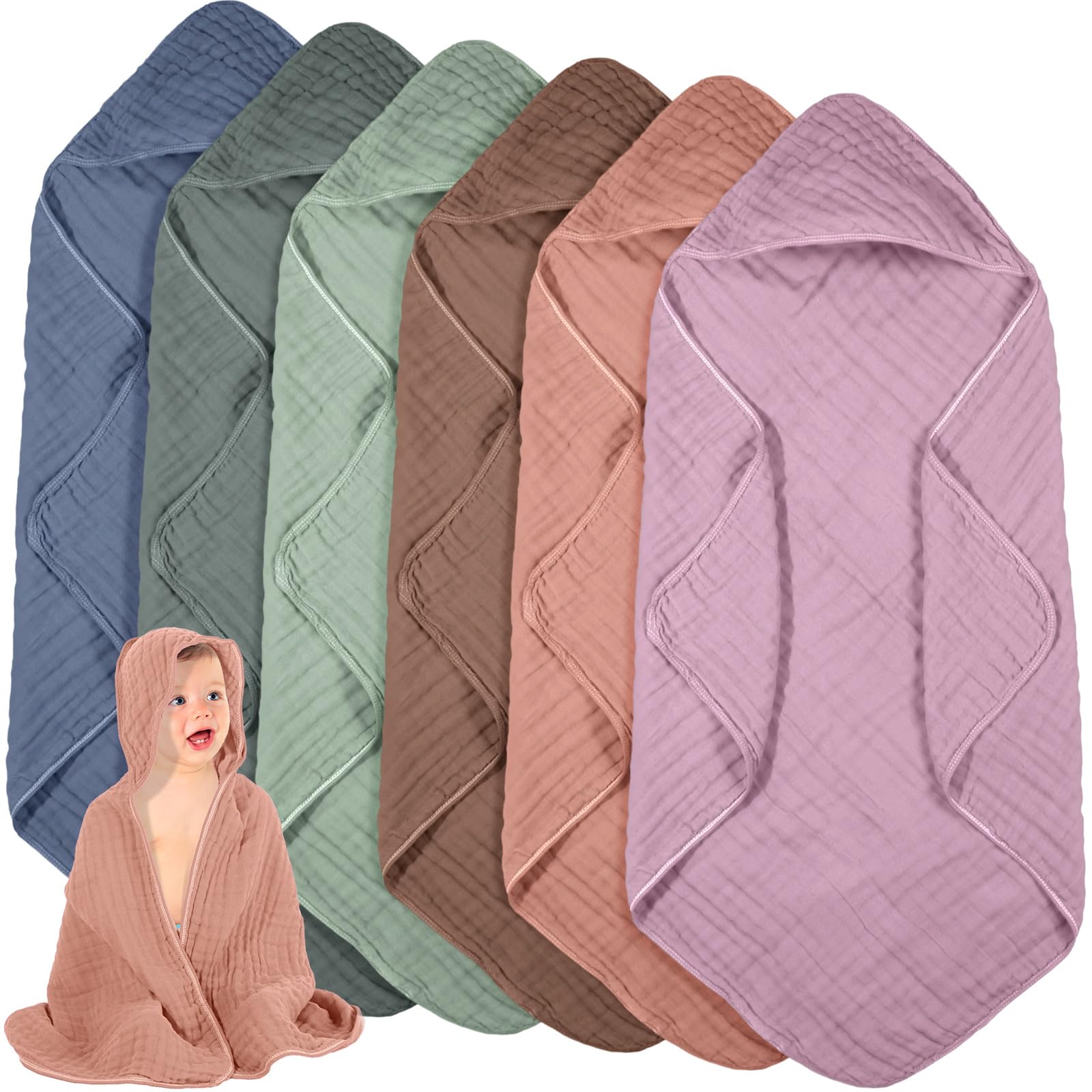 Peryiter muslin hooded baby towel 6-pack folded for soft bath warmth and coverage.