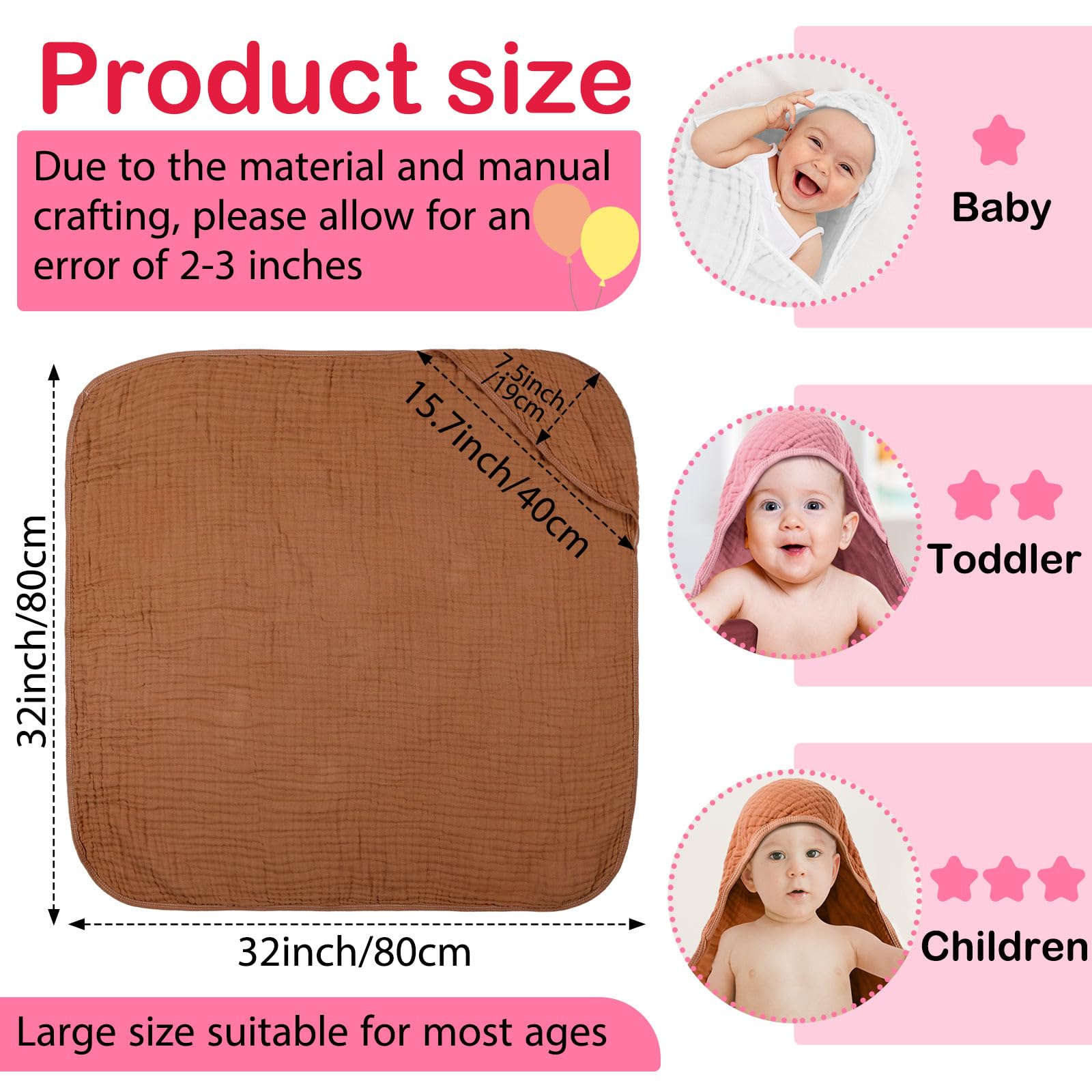 Peryiter muslin hooded baby towels 6pc set in different colors enhances coordinated newborn care
