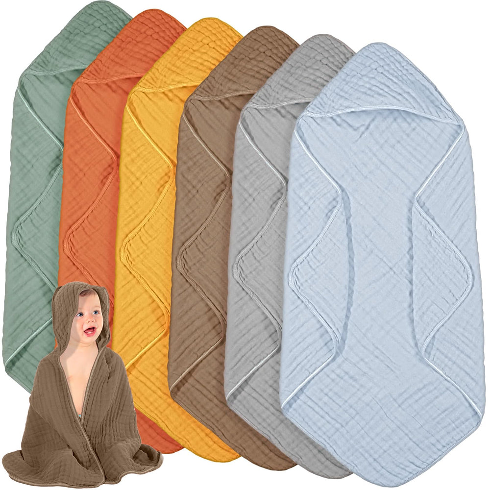 Peryiter muslin hooded baby towels packaging view highlighting six-color set for newborn bath time.