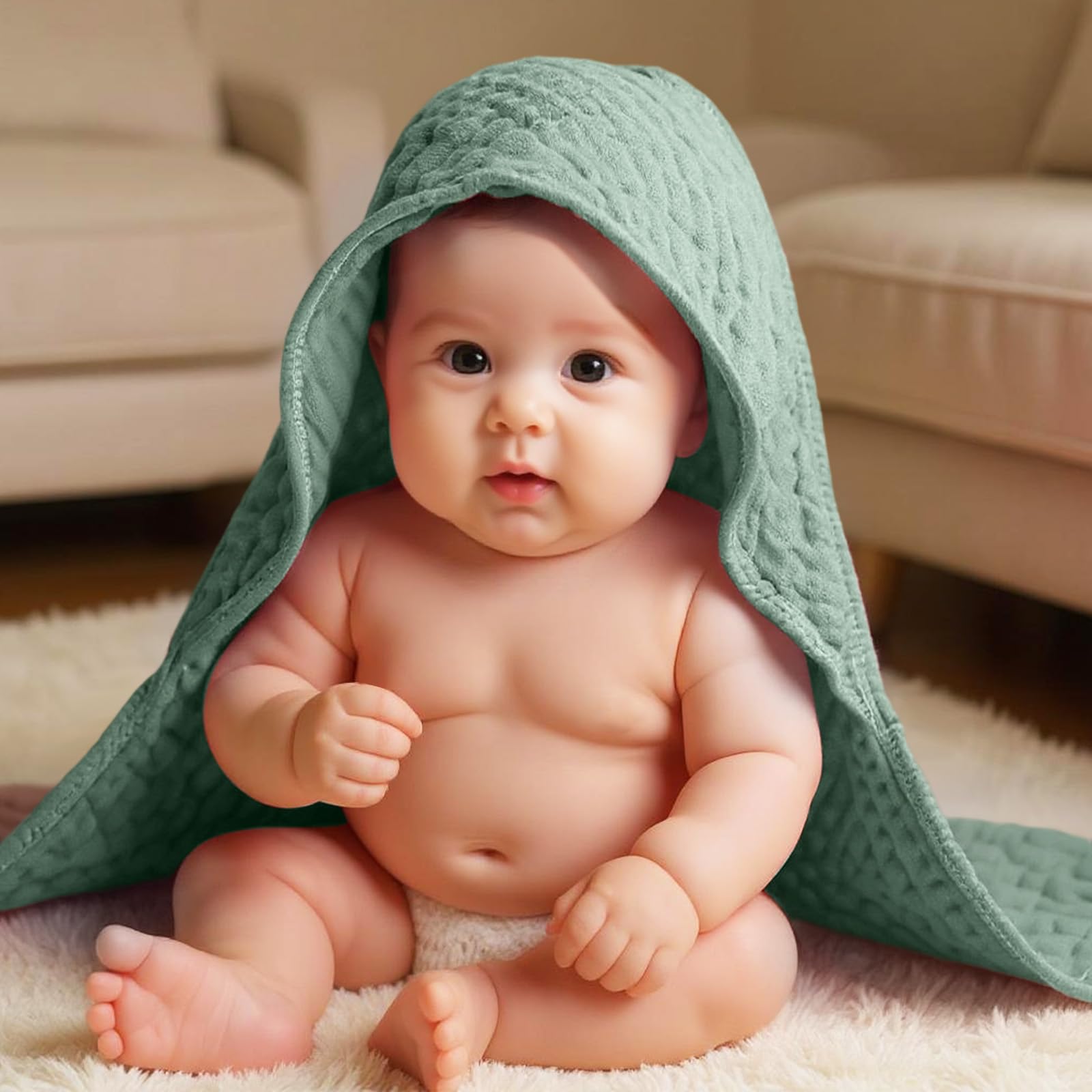 Peryiter baby towel use-case collage shows swaddle, blanket, changing mat cover.