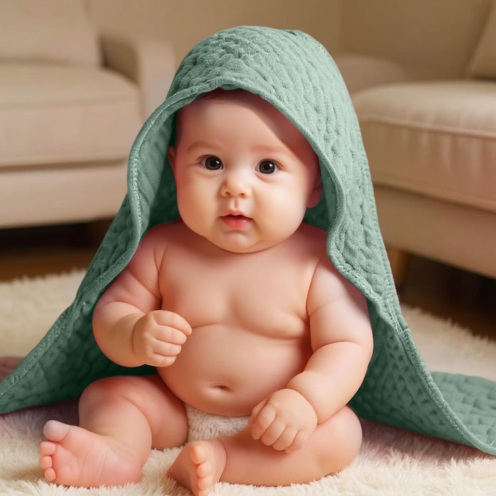 Peryiter baby towel use-case collage shows swaddle, blanket, changing mat cover.