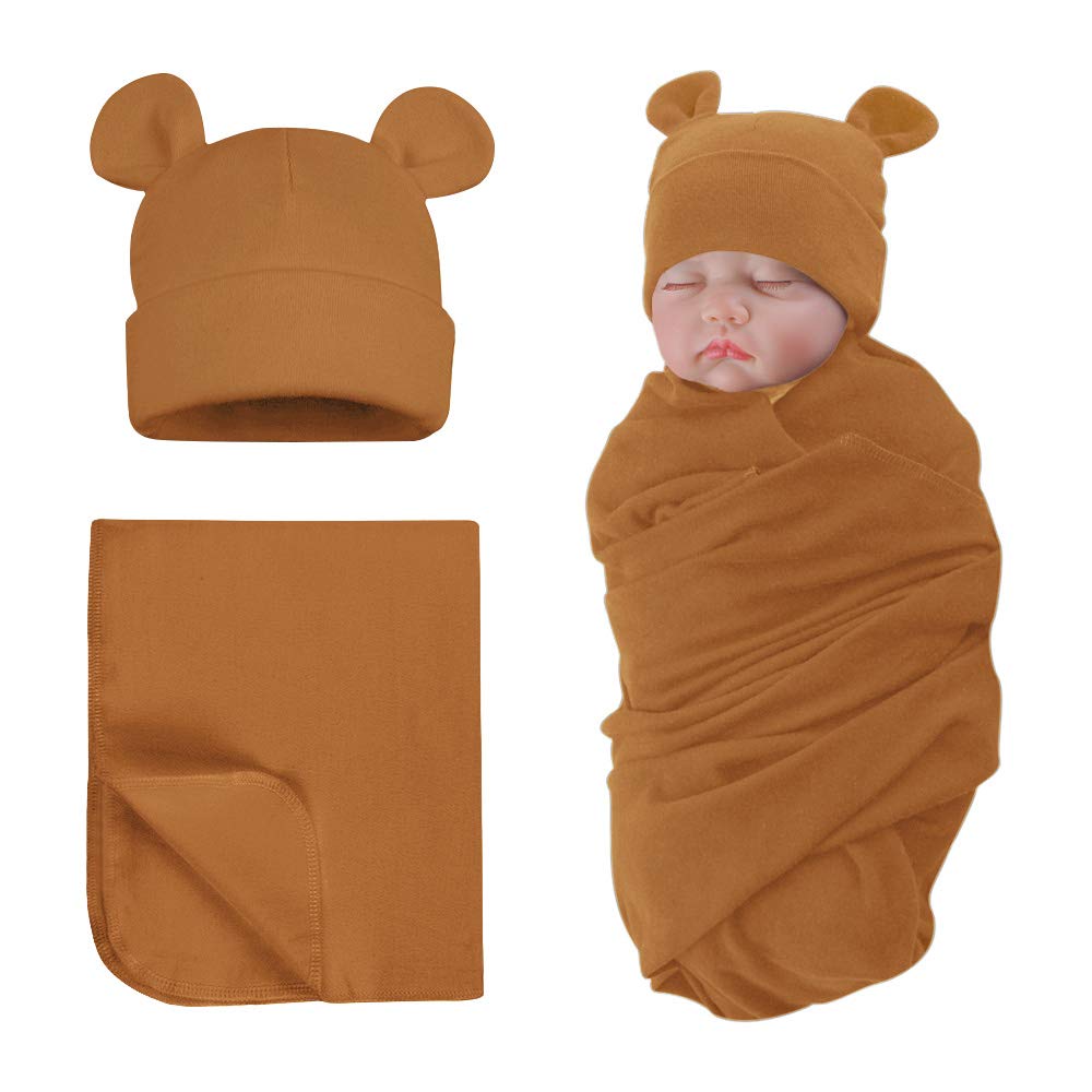 PESAAT cotton baby swaddle hat set coffee view highlights cozy newborn warmth.