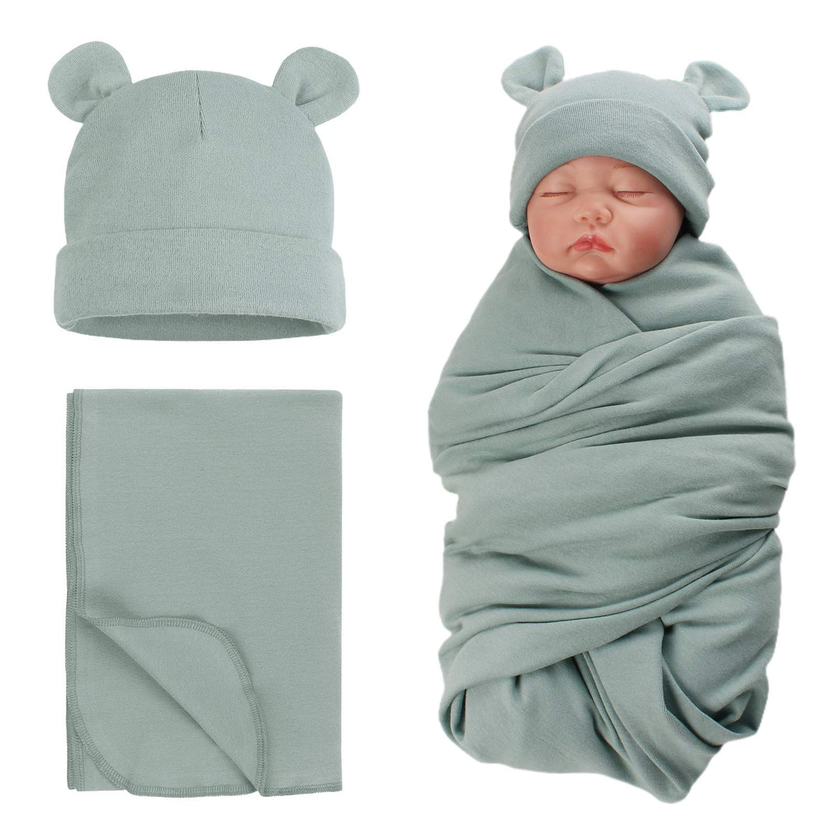 Pesaat cotton baby swaddle hat set in packaging, gift-ready presentation.