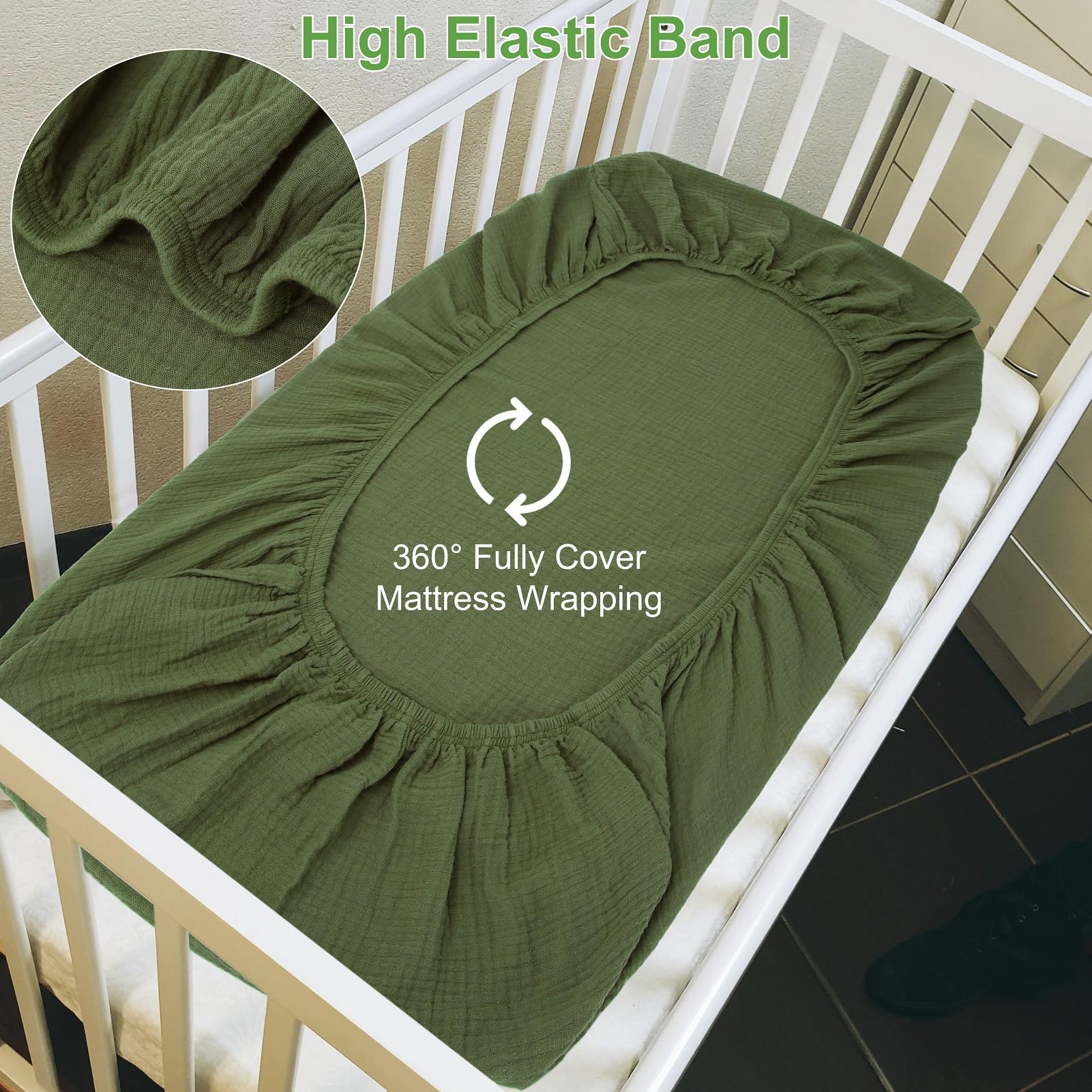 Pet Rejoir deep-pocket elastic demonstrated on standard crib sheet for secure fit.