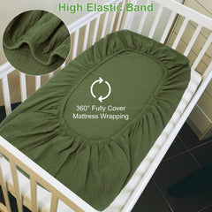 Pet Rejoir deep-pocket elastic demonstrated on standard crib sheet for secure fit.