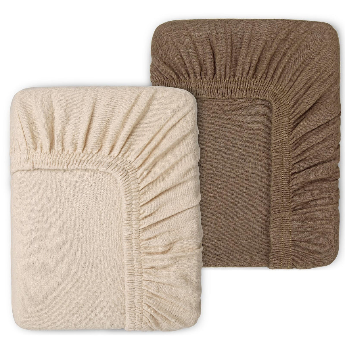 Pet Rejoir muslin crib sheet taupe close-up; breathable gentle sleep surface.