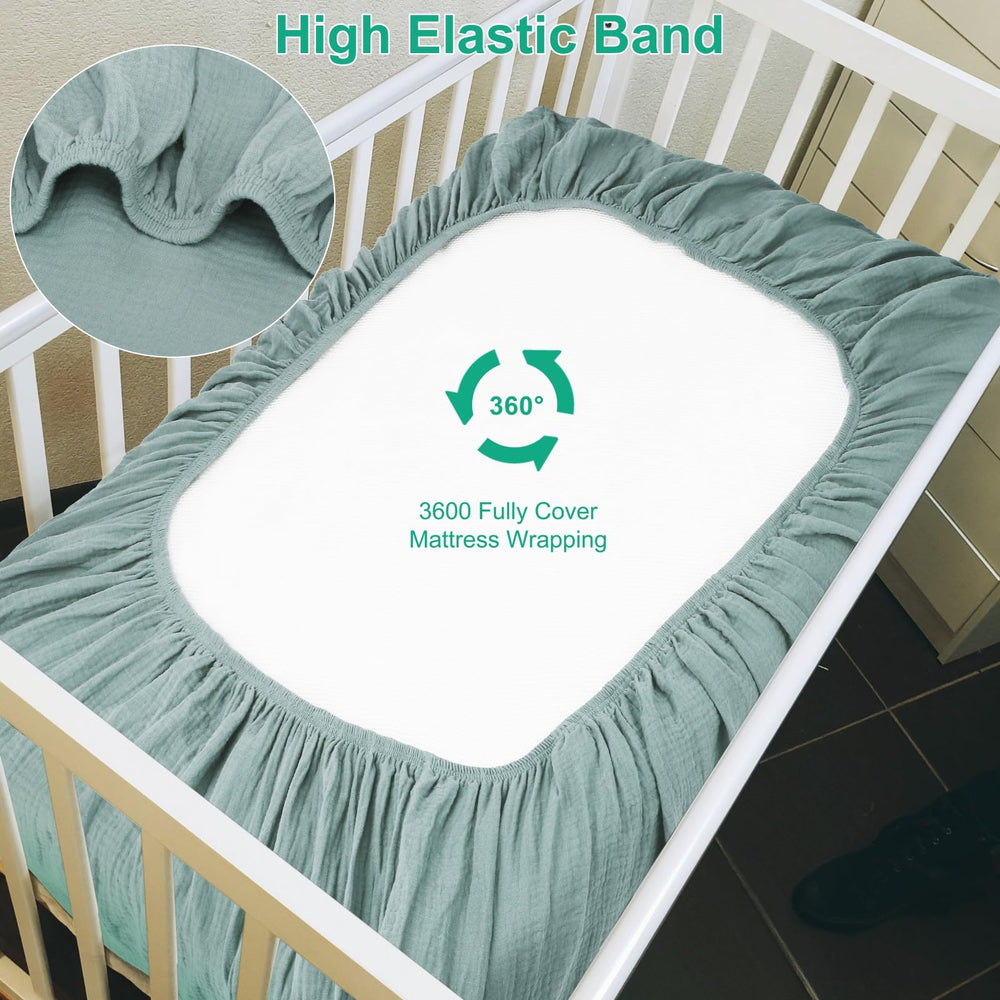 Pet Rejoir muslin crib sheets fitted-edges no-slip design on standard 28x52 mattress.