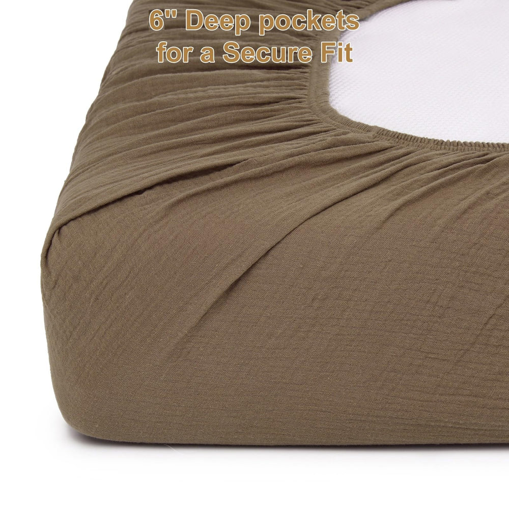 Pet Rejoir muslin mini crib sheets in neutral taupe and beige suit any nursery decor.