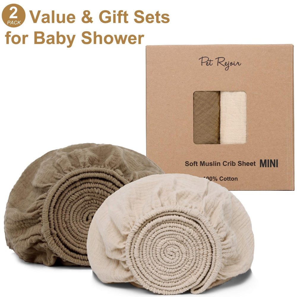 Pet Rejoir muslin mini crib sheets close-up shows soft, breathable fabric for baby's skin.