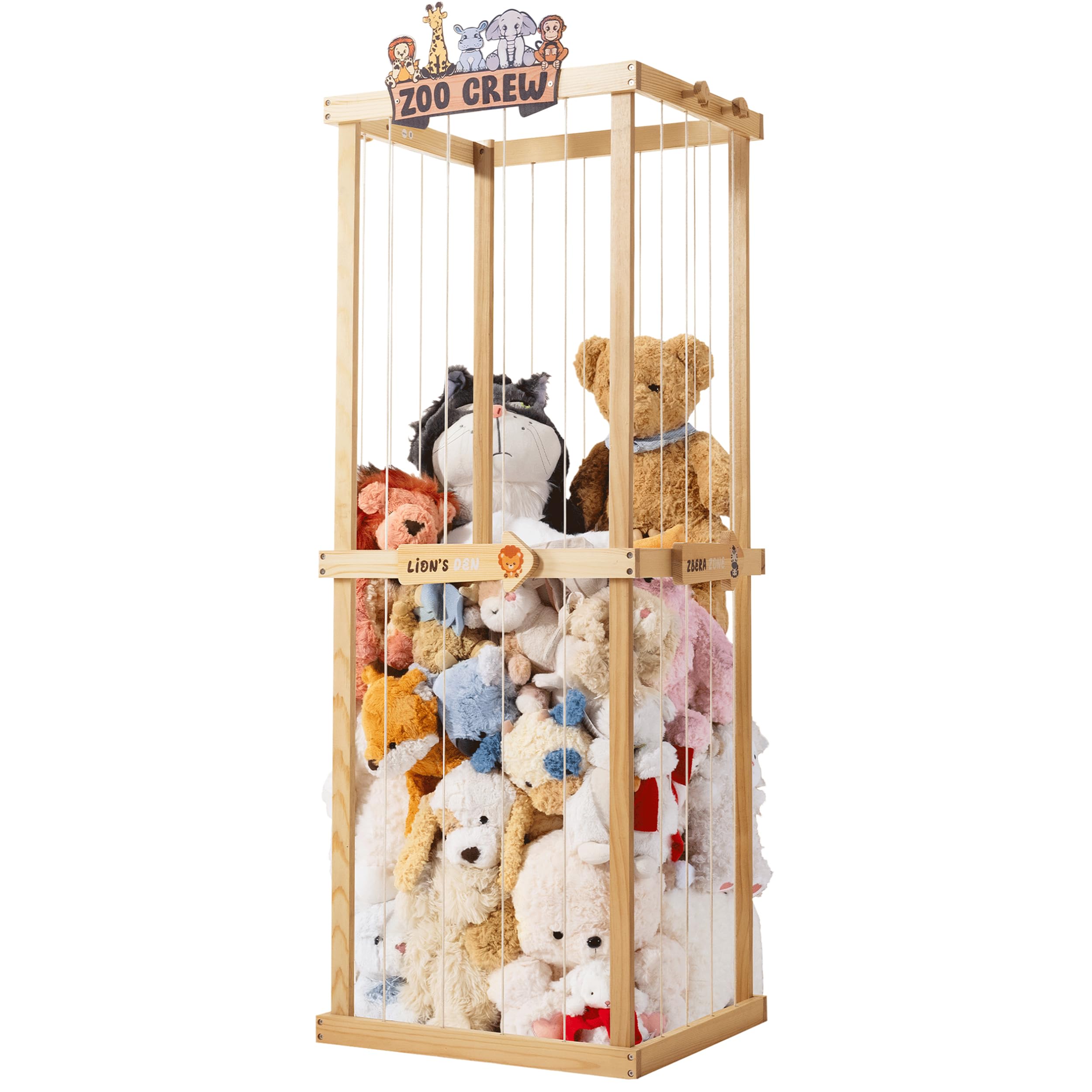 Pete&Eile wooden stuffed animals storage basket white front-view shows ample plush toy storage