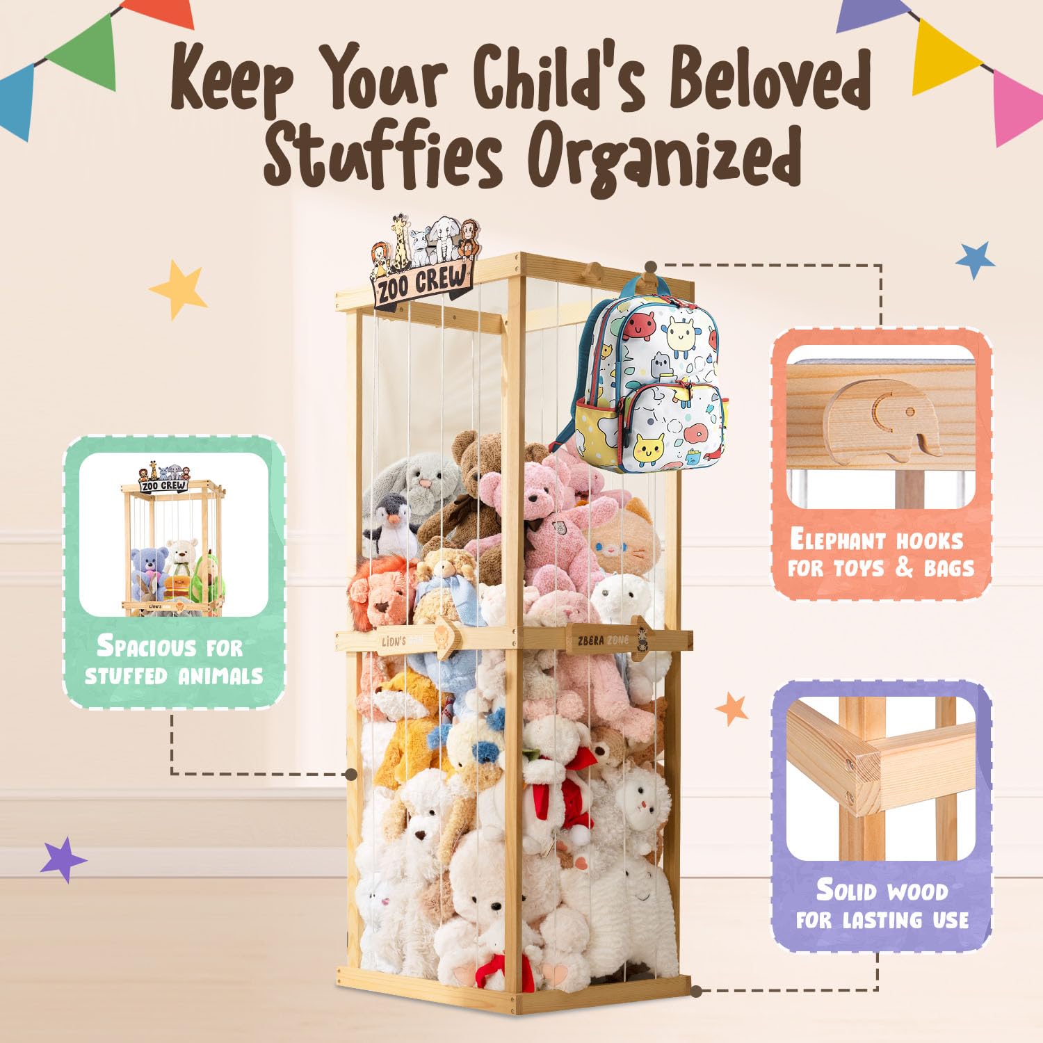Pete&Eile wooden stuffed animals storage white side-view highlights vertical space-saving design for tidy rooms