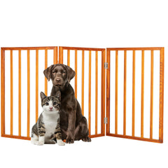 PETMAKER 3-panel foldable dog gate in mahogany blocks access while blending with decor.