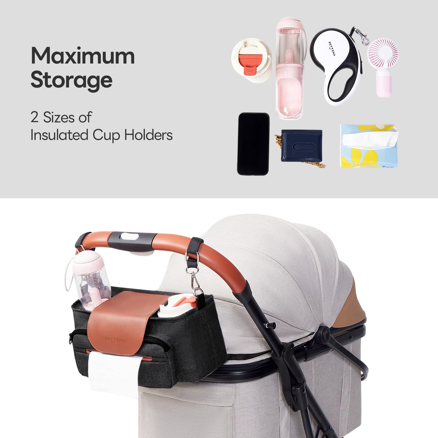 PETTENA dog stroller organizer with a treat pocket for quick rewards