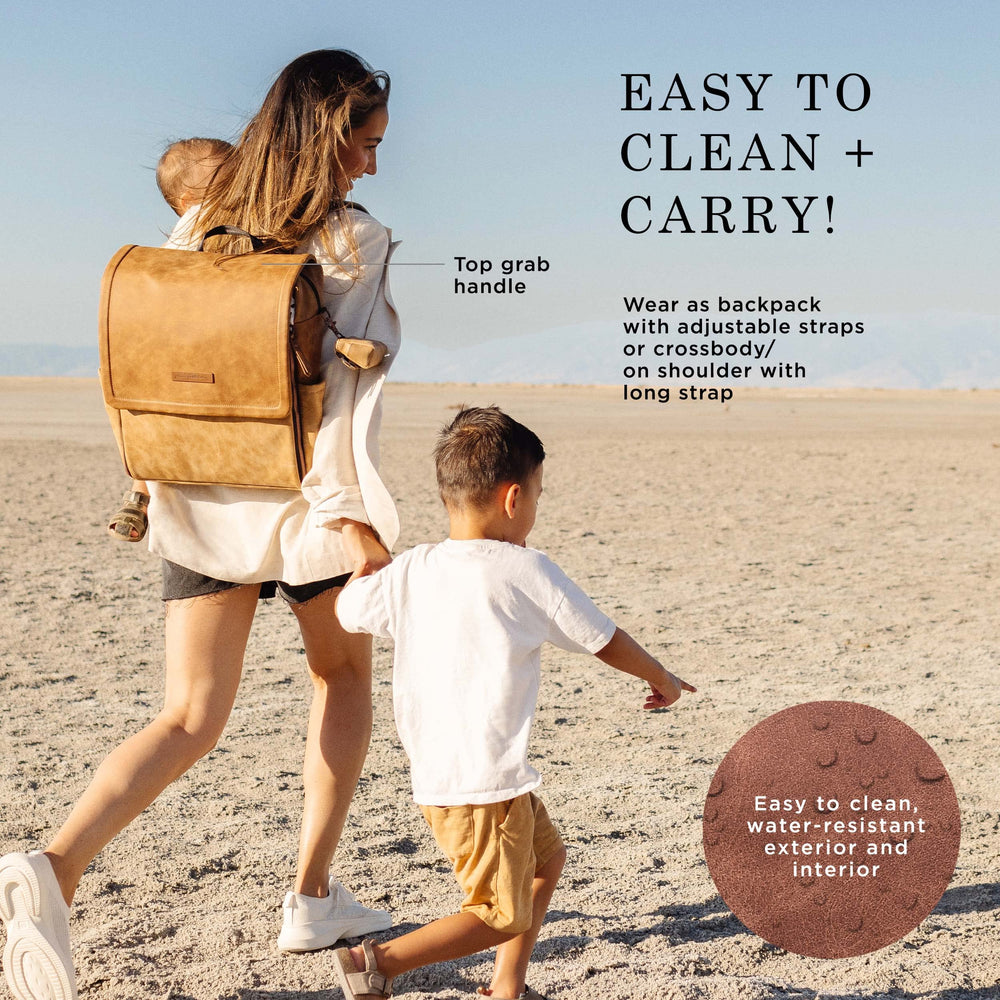 Petunia Pickle Bottom Boxy Backpack Brioche side view emphasizes roomy interior and ready to use pockets
