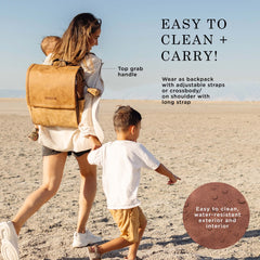 Petunia Pickle Bottom Boxy Backpack Brioche side view emphasizes roomy interior and ready to use pockets