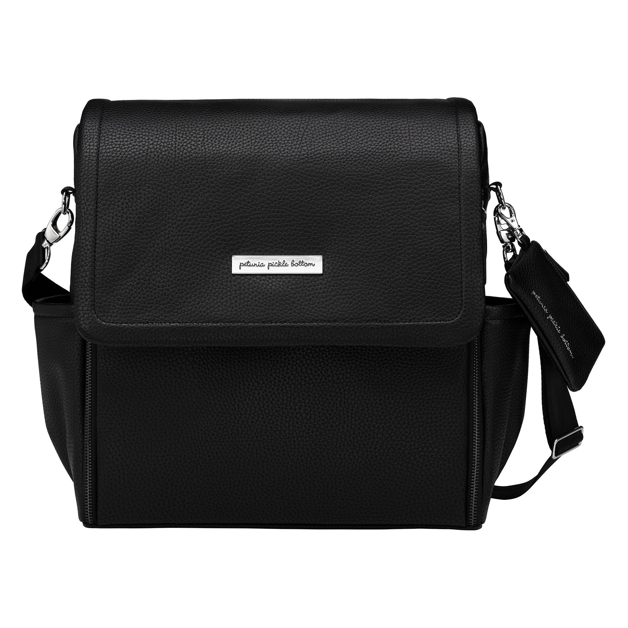 Petunia Pickle Bottom Boxy Backpack ebony front view showcases stylish, multi-use diaper bag on the go