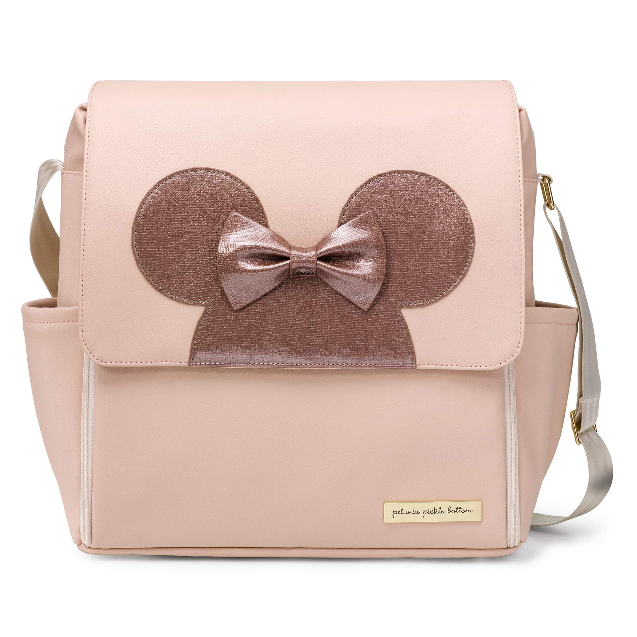 Petunia Pickle Bottom Boxy Backpack pink front view highlights organized interior