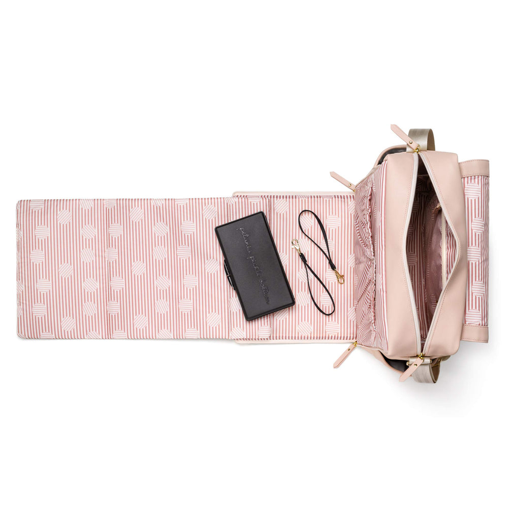 Petunia Pickle Bottom Boxy Backpack pink interior pocket layout with five compartments