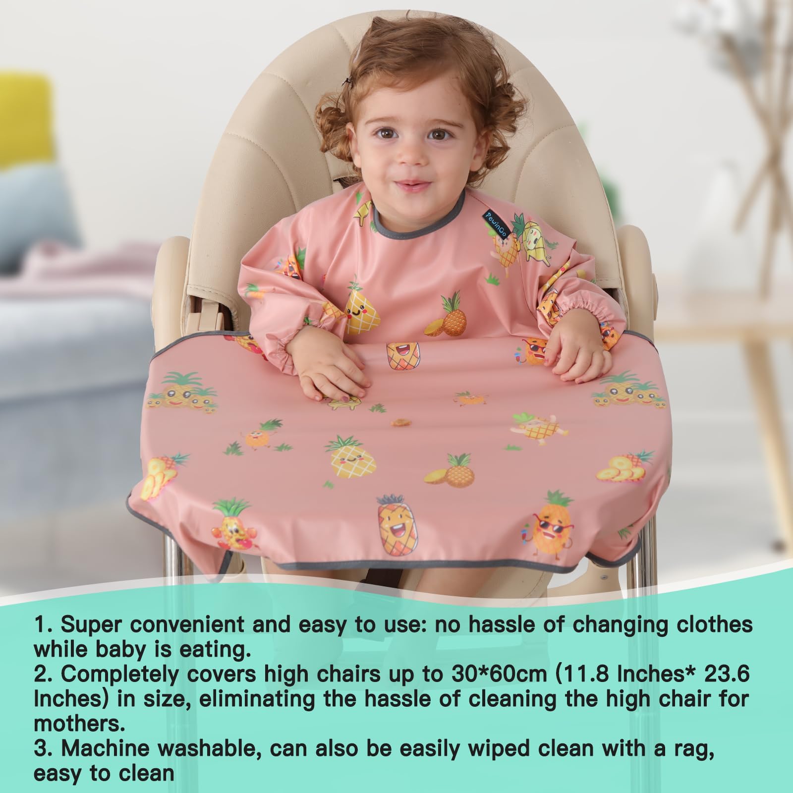 PewinGo long-sleeve bib close-up pink demonstrates waterproof coating for mess-free meals