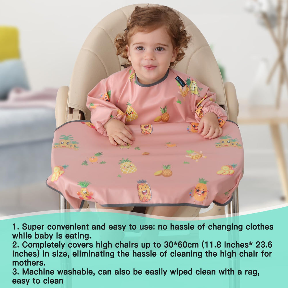 PewinGo long-sleeve bib close-up pink demonstrates waterproof coating for mess-free meals