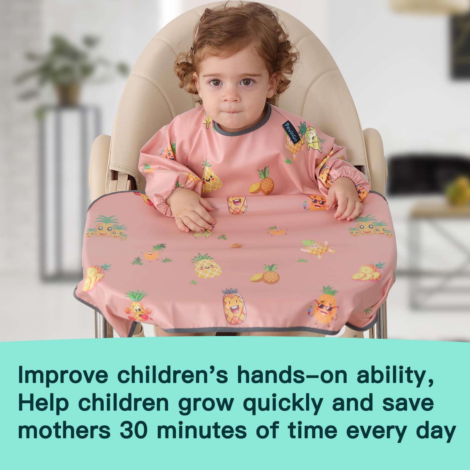 PewinGo waterproof bib surface attachment pink illustrating secure grip on smooth high chair