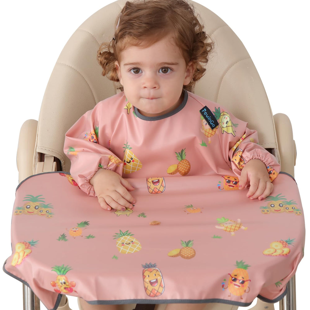 PewinGo weaning bib high chair cover pink showing full-chair protection against spills