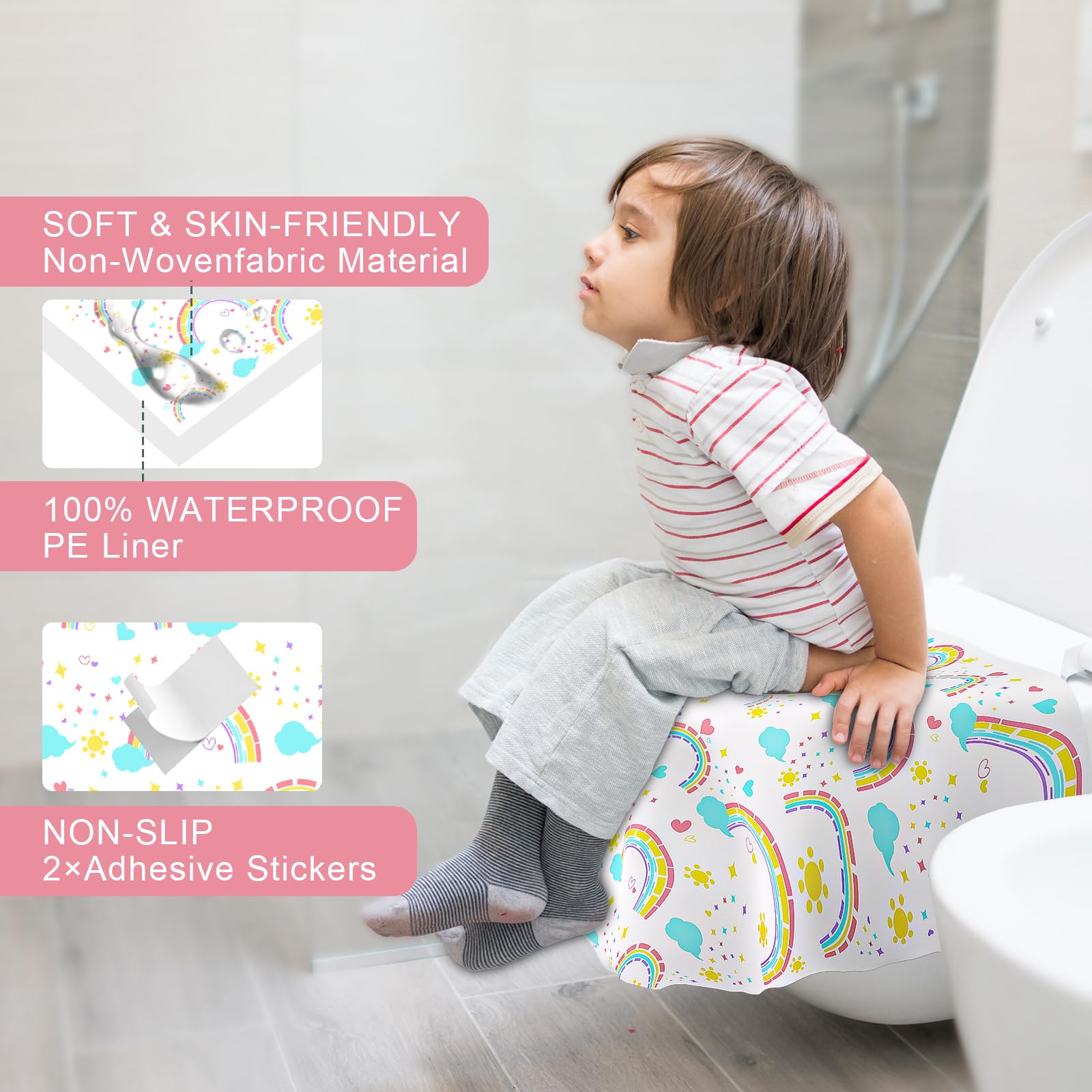 Peyazoco toilet seat covers with adhesive back for non-slip use during toilet visits.