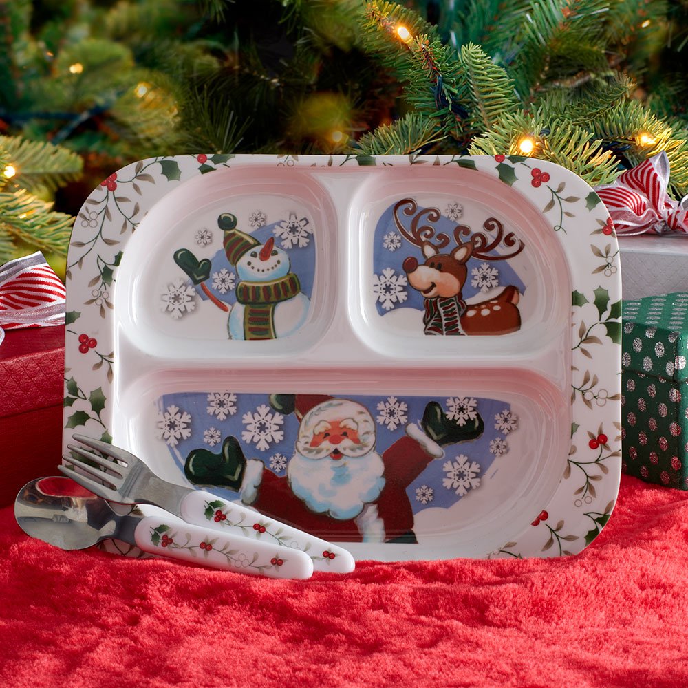 Pfaltzgraff Winterberry Jolly Santa flatware set with plastic handles for kid-friendly dining.