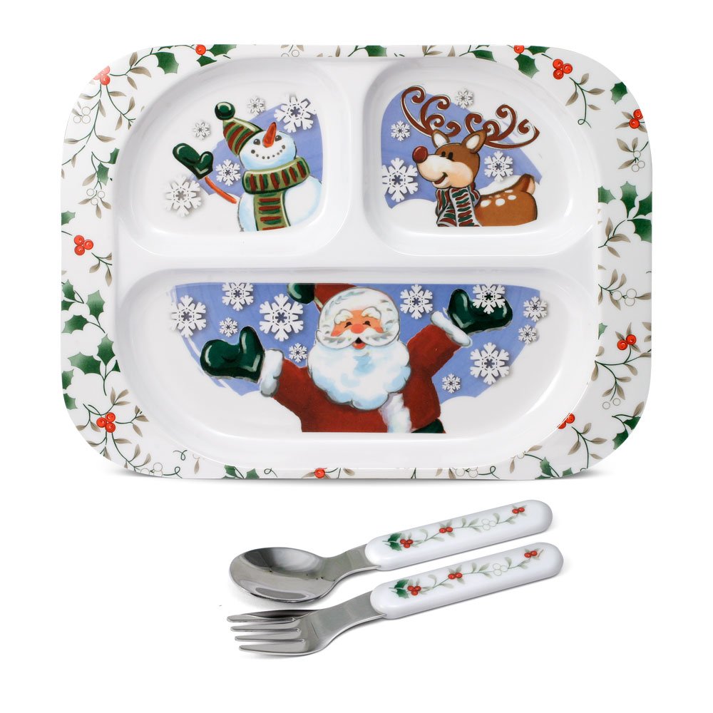 Pfaltzgraff Winterberry Jolly Santa tray with Santa, snowman, and reindeer for festive meals.