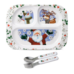 Pfaltzgraff Winterberry Jolly Santa tray with Santa, snowman, and reindeer for festive meals.