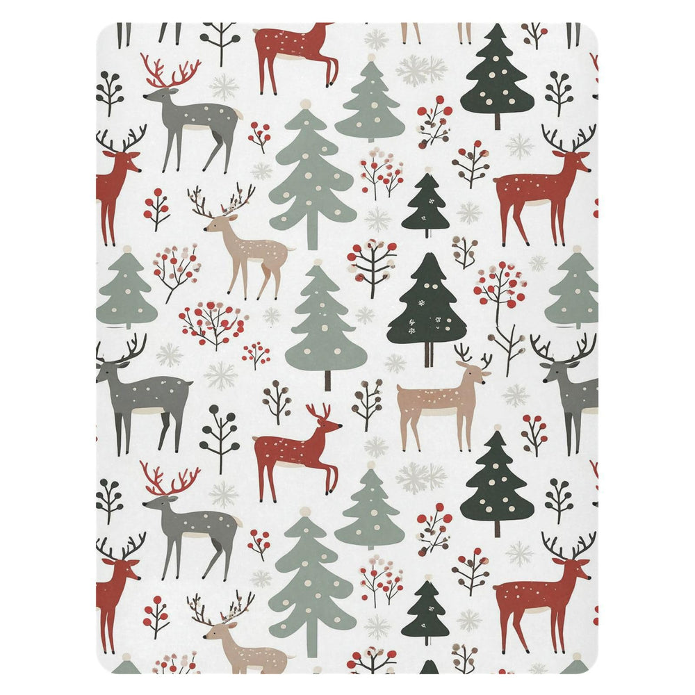 Pfrewn Christmas crib sheet pattern closeup highlighting festive trees and reindeer for nursery charm.