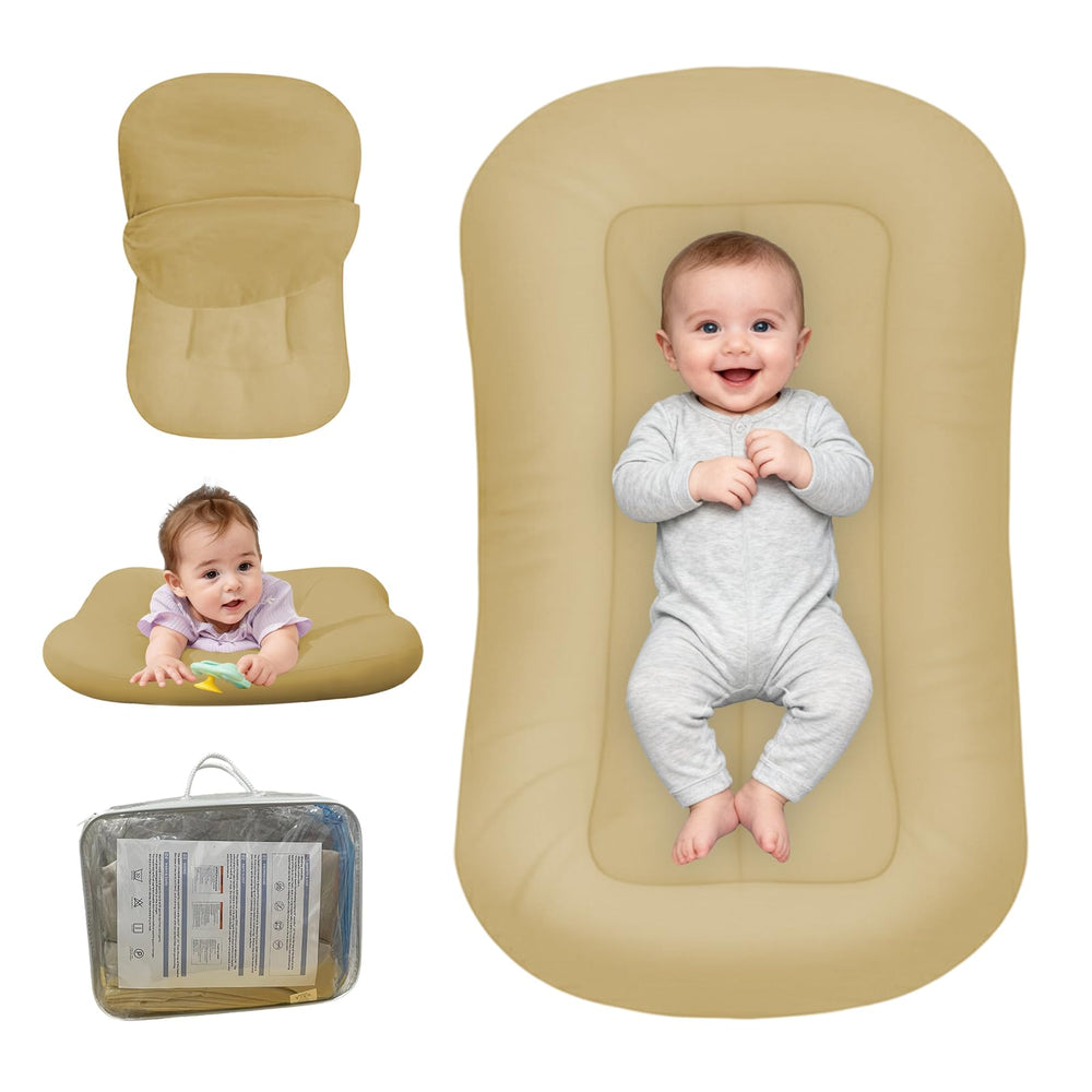 PGONEEE baby lounger apricot closeup fabric showcasing breathable organic cotton comfort