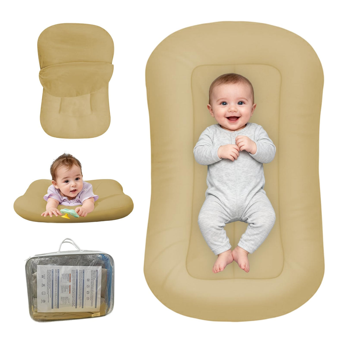 PGONEEE baby lounger apricot closeup fabric showcasing breathable organic cotton comfort