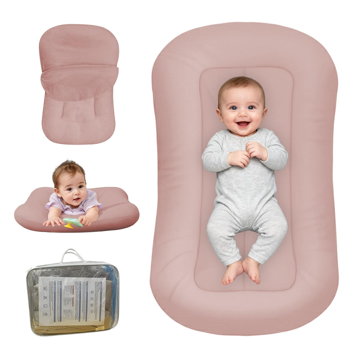 PGONEEE baby lounger coral pink close-up of soft organic cotton for gentle infant comfort.