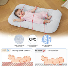 PGONEEE Baby Lounger Gray close-up highlighting breathable organic cotton fabric.