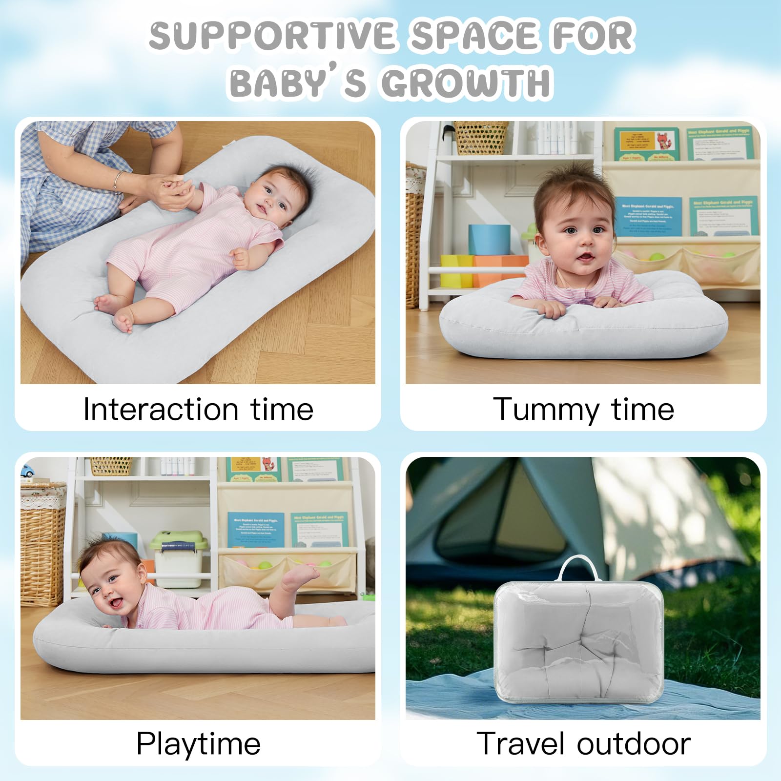 PGONEEE Baby Lounger Gray flatlay showing soft organic cotton comfort.