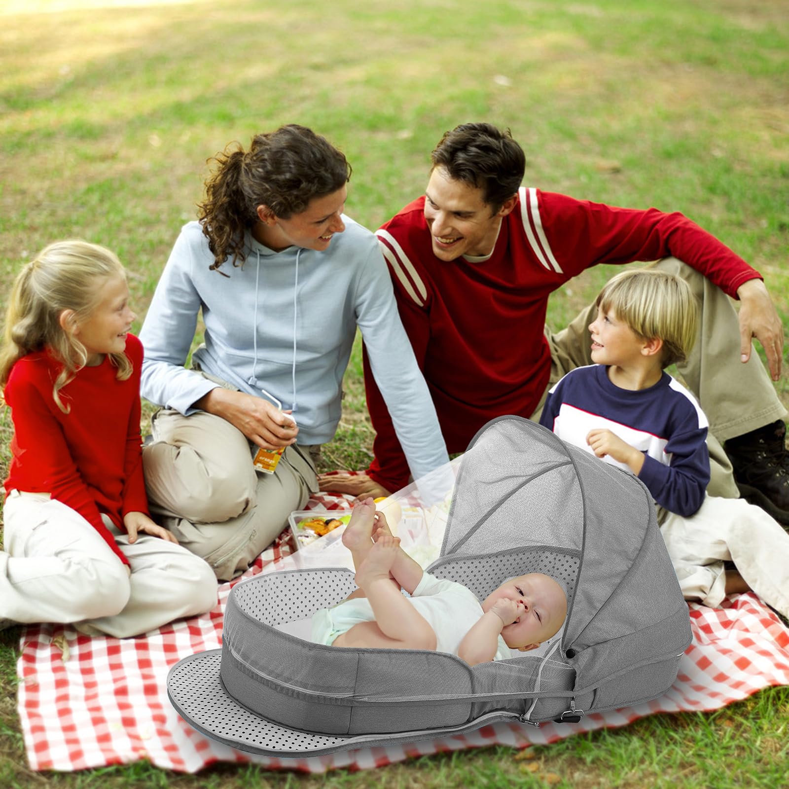 PGONEEE travel bassinet with mosquito-net canopy protecting baby