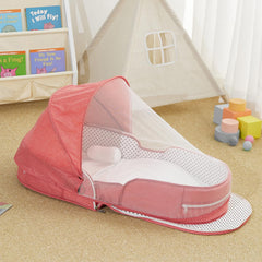 PGONEEE baby travel bassinet with mosquito net canopy protecting restful naps outdoors.