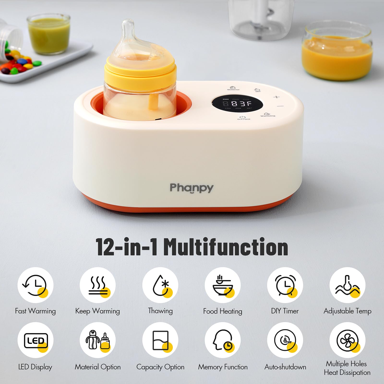 Phanpy bottle warmer heat-dissipation holes emphasize safe cooling during warming.