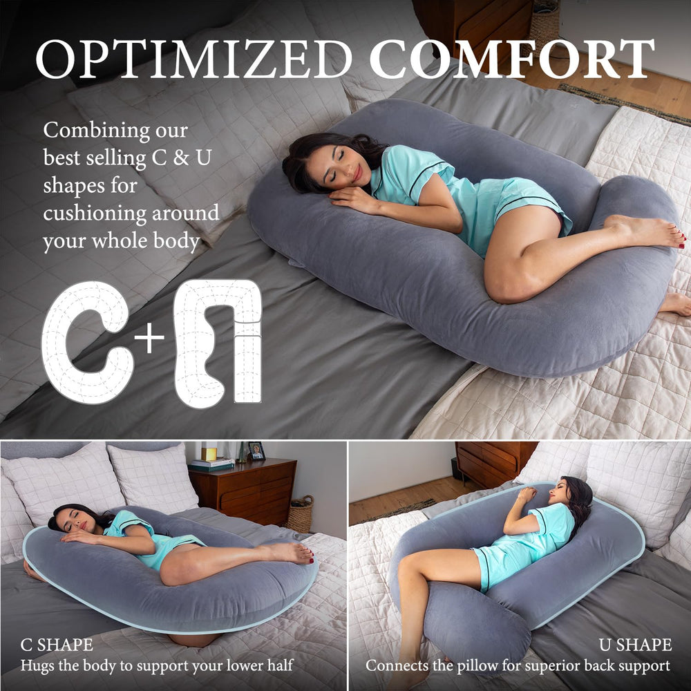 Pharmedoc jumbo size full-body pillow cradles head, neck, and spine for side sleepers.